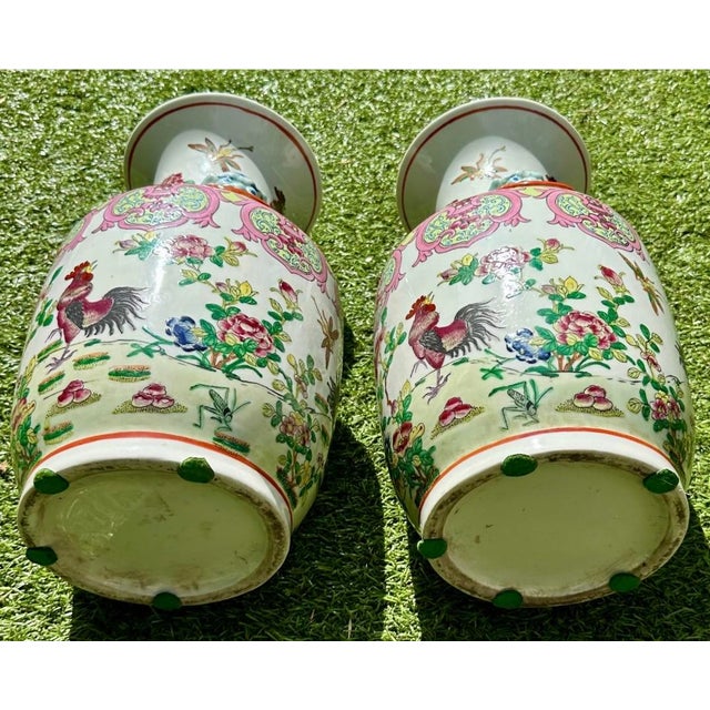 Pair of Antique 19th Century Rare Chinese Porcelain Vases Hand Painted Roosters, Florals & Insects For Sale - Image 17 of 18