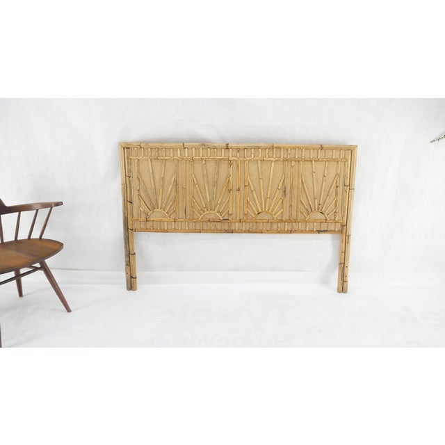 Mid-Century Modern Burnt Bamboo & Grasscloth Sun Burst Pattern Queen Size Headboard Bed For Sale - Image 3 of 6
