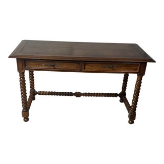1970s Hekman 2 Drawer Wood Writing Desk Library Table Barley Twist Legs For Sale