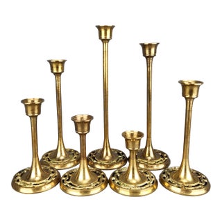 Vintage Brass Candlestick Holders Tulip Style With Ornate Pierced Bases - Set of 7 For Sale