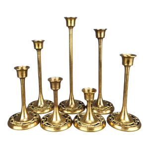 Vintage Brass Candlestick Holders Tulip Style With Ornate Pierced Bases - Set of 7