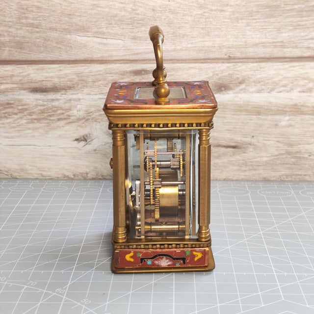 Miniature French Carriage Clock With Champleve (Cloisonné Enamel) Enamel Antique Brass Clock Made in France For Sale - Image 9 of 10