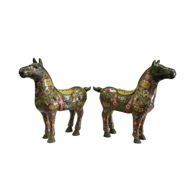1980s Chinese Brown Enamel Cloisonne Metal Horse Figures - a Pair For Sale - Image 5 of 10