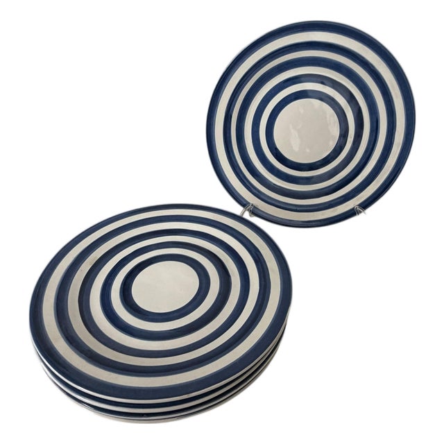 Vintage Hand Painted Blue and White Pottery Barn Dinner Plates - Set of 5 For Sale