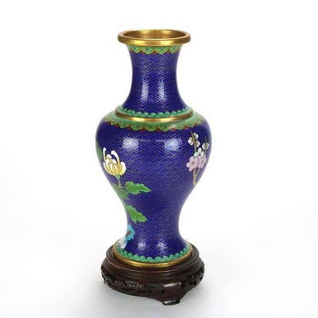 Chinese Antique Chinese Cloisonne Enameled Floral Vase With Peony & Wood Base C1930 For Sale - Image 3 of 8