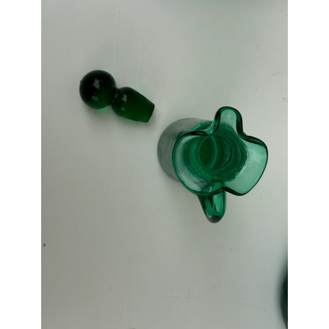 1950s Cruet: 1950s Vintage Teal-Emerald Green Crackle Glass Olive Oil or Vinegar Cruet, Vintage Mid Century For Sale - Image 5 of 9