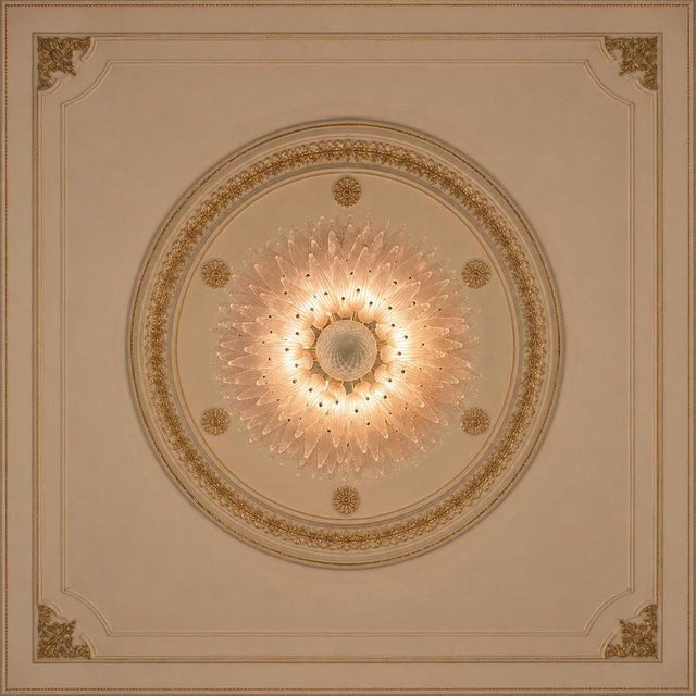 Palmette ceiling light made by 160 Murano satin pink glasses in a gold metal frame. Murano blown glass in a traditional...
