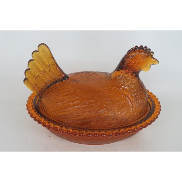 Glass Indiana Glass Amber Hen on Nest Covered Candy Dish With Beaded Rim 4921b For Sale - Image 7 of 15