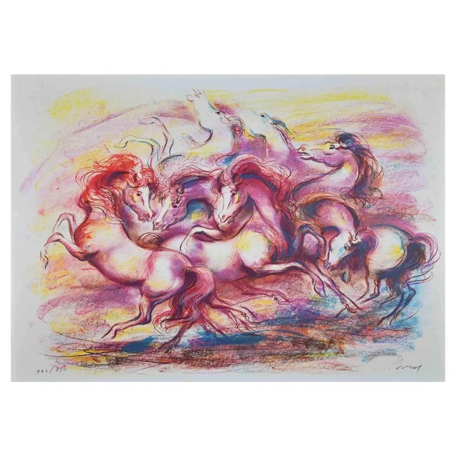 Jovan Vulic, The Dance of Horses, Original Lithograph, 1980s For Sale