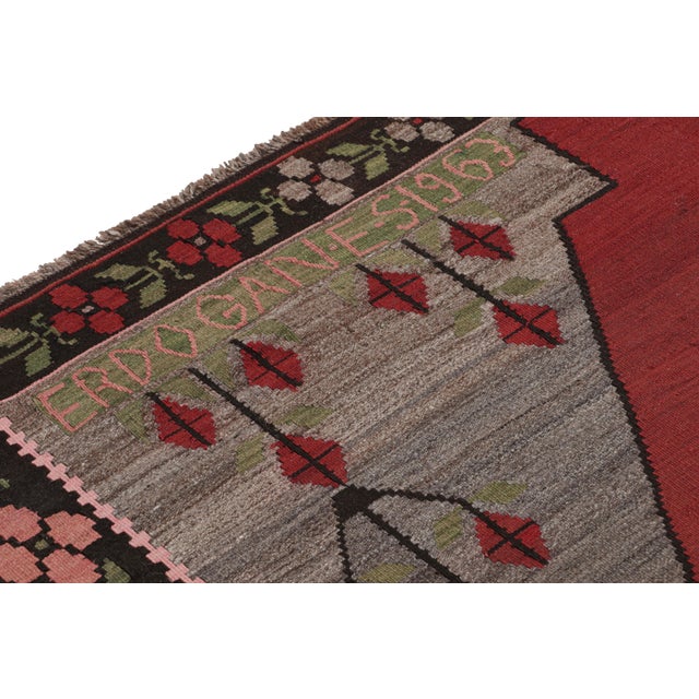 Transitional Mid Century Vintage Kilim Red Gray Medallion Floral Rug For Sale - Image 3 of 8