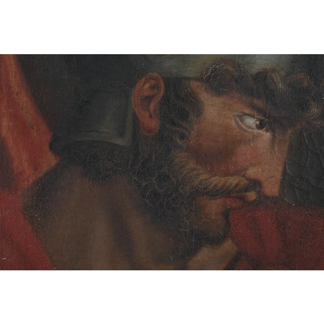 Traditional Antique Oil on Canvas Portrait of a Roman Soldier in Helmet For Sale - Image 3 of 3
