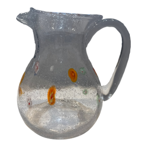 Vintage Blown Rain Glass Pitcher With Colorful Art Flowers