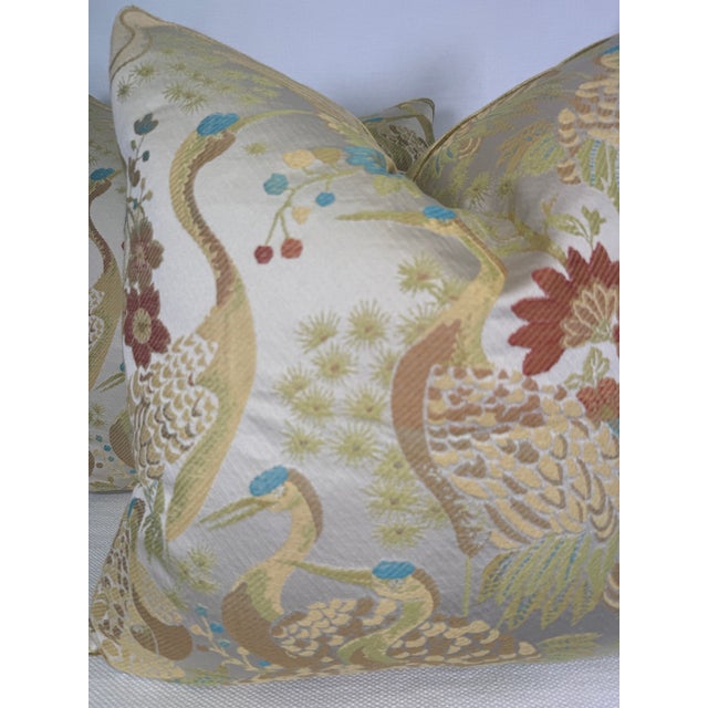 Custom pair of 22" pillows covered in "Crane" in color celedon fabric and backed in a coordinating velvet fabric. These...