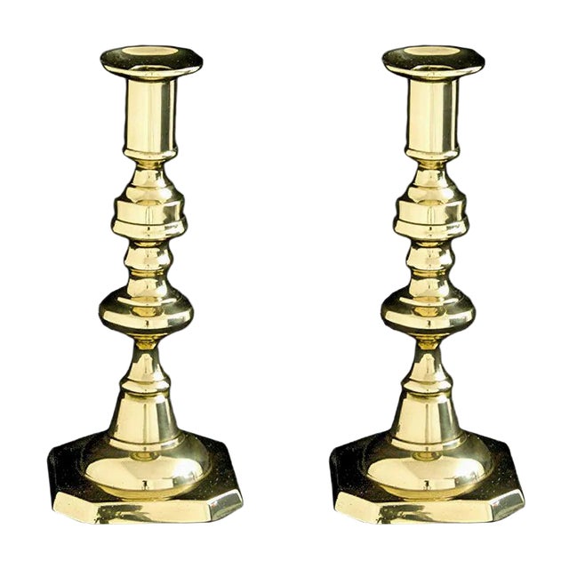 Small Victorian Knop-Stemmed Brass Candlesticks, 1890s, Set of 2 For Sale