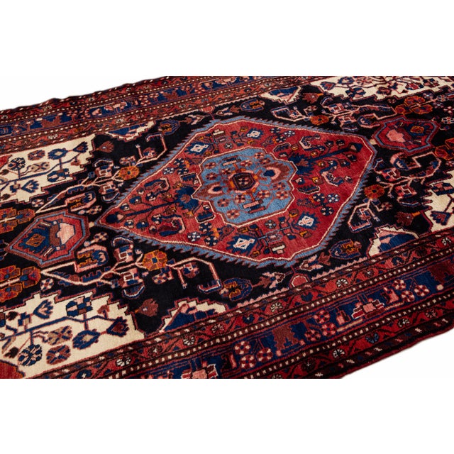 Persian Vintage Handmade Persian Navy Blue Medallion Wool Rug 6'3" X 9'4" For Sale - Image 3 of 11