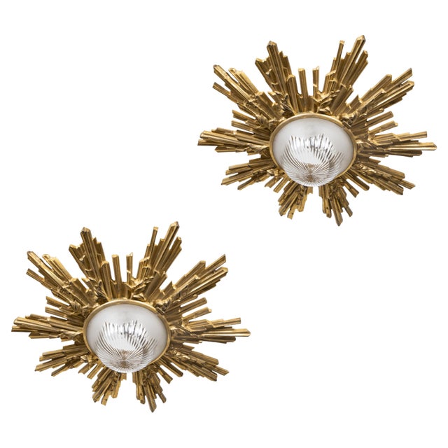 Mid 20th Century Pair of Gilt Bronze Midcentury Sunburst Light Fixtures with Frosted Glass For Sale - Image 5 of 12