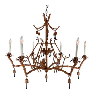 1960s Whimsical Chinoiserie Faux Bamboo Monkey Chandelier With Black Teardrop Accents For Sale