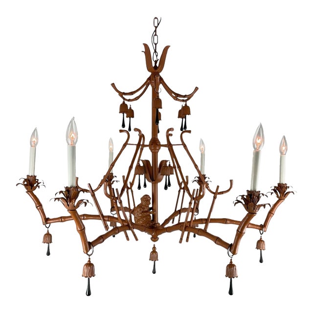 1960s Whimsical Chinoiserie Faux Bamboo Monkey Chandelier With Black Teardrop Accents For Sale
