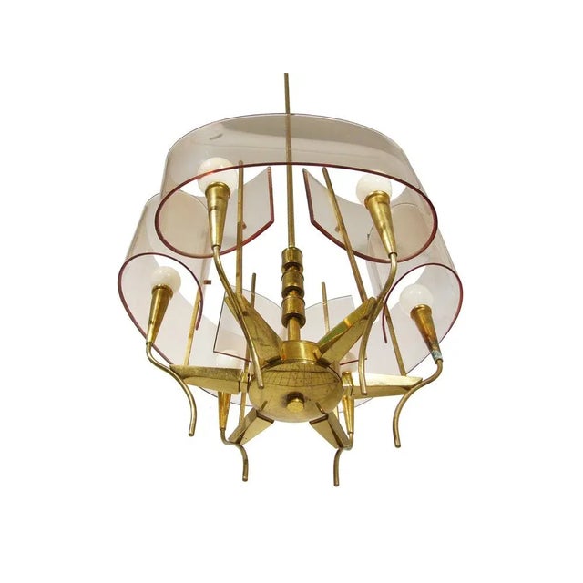 Mid century modern 6-light chandelier made from brass and pink/violet perspex shades. Good condition: signs of oxidation...