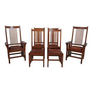 Set of 6 Stickley Mission Oak Leather Seat Dining Chairs For Sale
