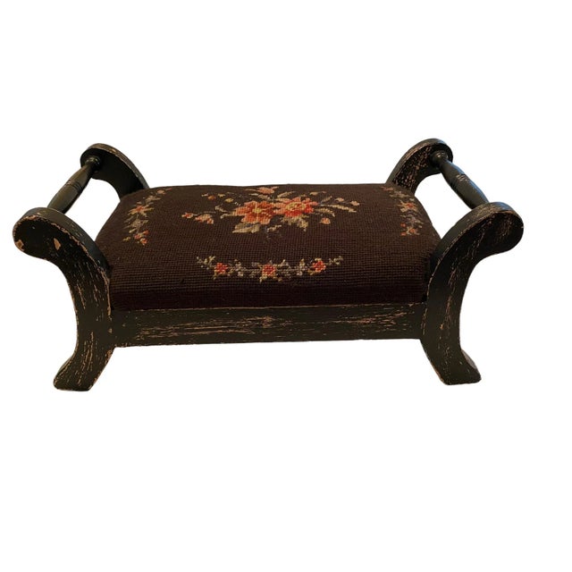 Vintage French Country Two Handle Floral Needlepoint Cricket Foot Stool For Sale - Image 13 of 13
