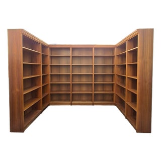 1970s Danish Modern Teak Veneer Library Book Shelves W/ Detachable Crown Moulding - Set of 7 For Sale