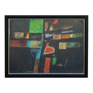 1960 "Forms" Black, Green, Red, and Orange Abstract Geometric Painting by David Adickes