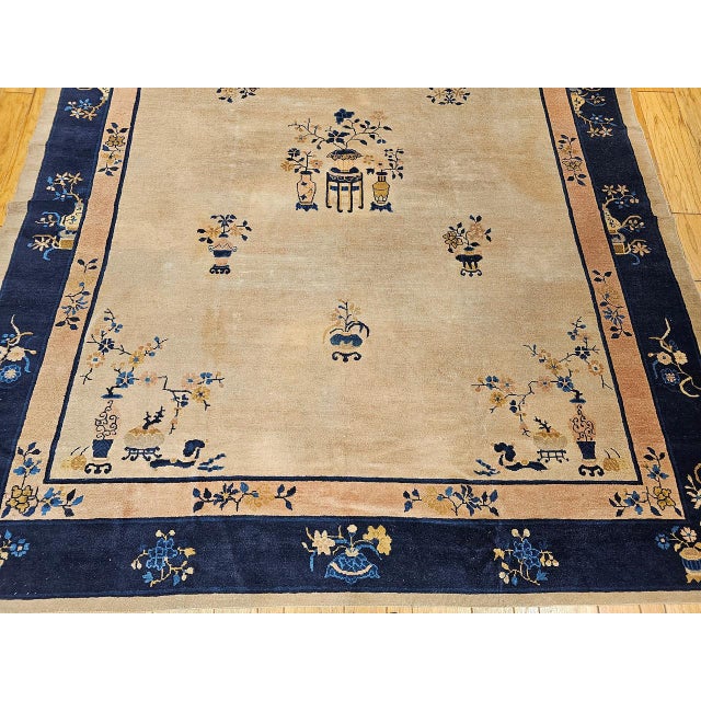 Antique Chinese Peking Rug, Hand-Knotted Wool Pile, Pale Tan & Blue, 9' x 12' For Sale - Image 16 of 18