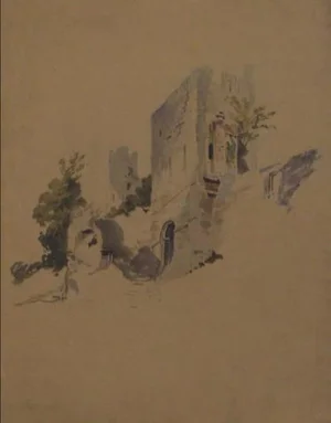 Pale Blue Castle Scene Early-Mid 1800s Watercolor