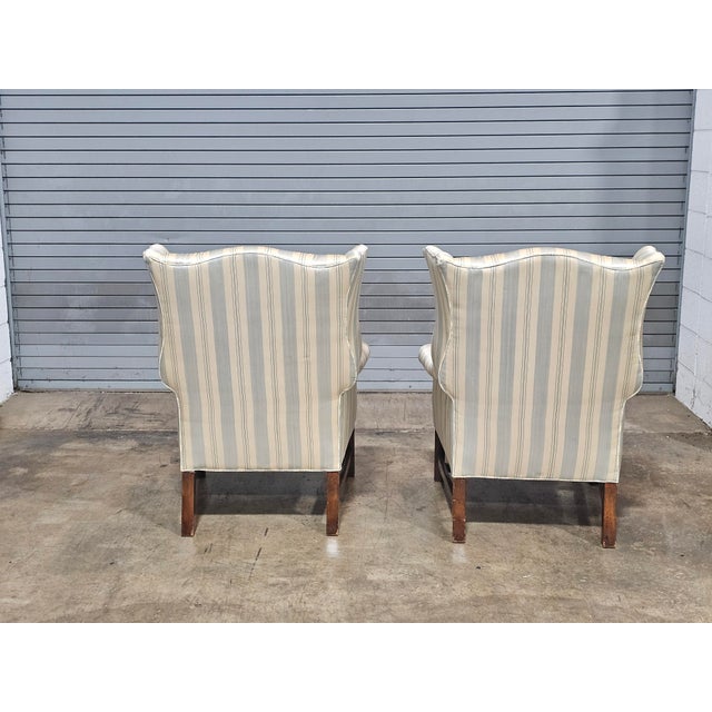 Blue Mid 20th Century Pair Mahogany Chippendale Style Armchairs Wing Chairs Blue Silk Striped Fabric For Sale - Image 8 of 11