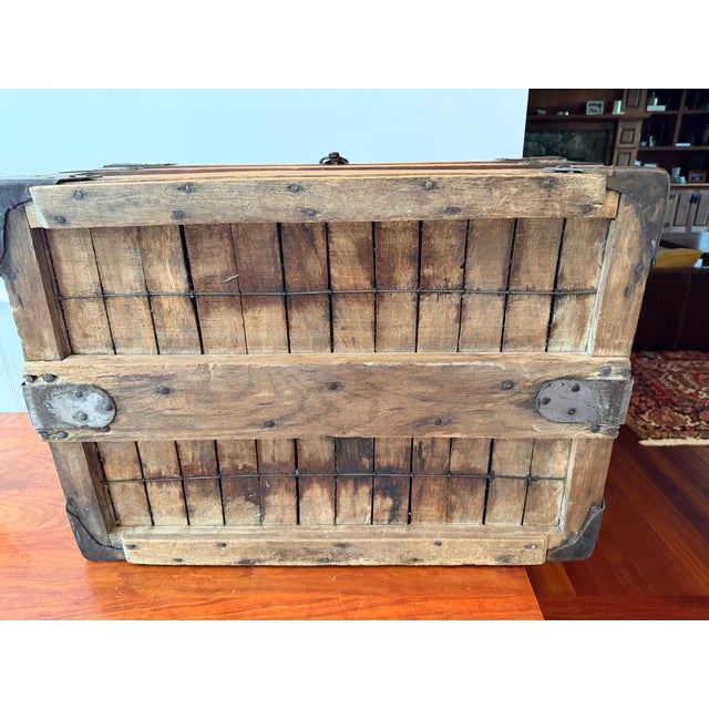 Antique First National Stores Wooden Shipping Crate With Lid – Wire Reinforced Grocery Transport Basket – Coffee Table Storage Chest For Sale In Boston - Image 6 of 18