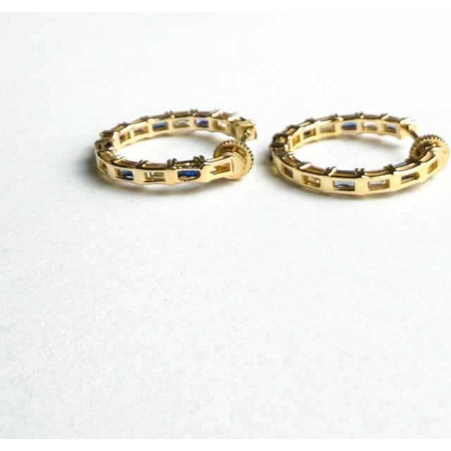 14k Yellow Gold Inside-Out Hoop Earrings With Baguette Sapphires and Diamonds, A Pair For Sale - Image 4 of 7