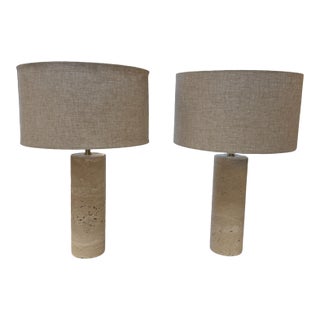 Pair of Travertine Cylinder Table Lamps With Linen Drum Shades For Sale