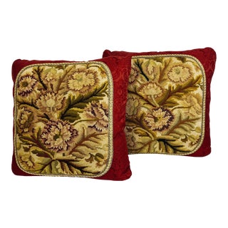 Pair of Antique Hand Stitched Exotic Floral Needlepoint Cushions/Pillows-Red Damask Backing For Sale