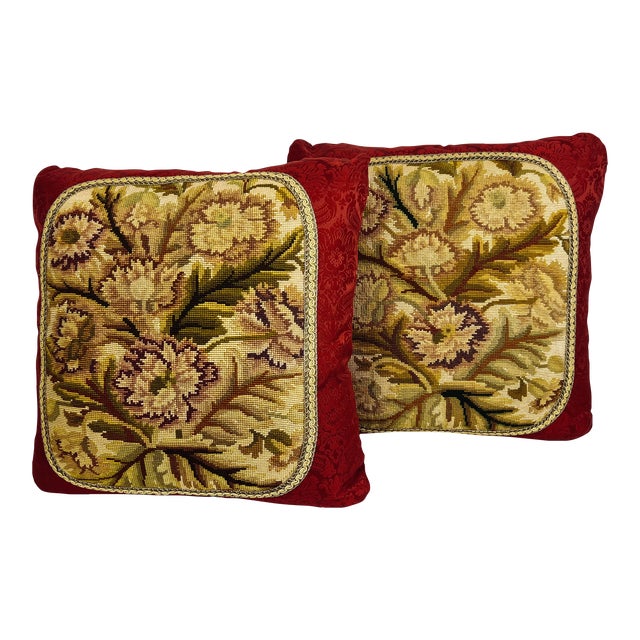 Pair of Antique Hand Stitched Exotic Floral Needlepoint Cushions/Pillows-Red Damask Backing For Sale