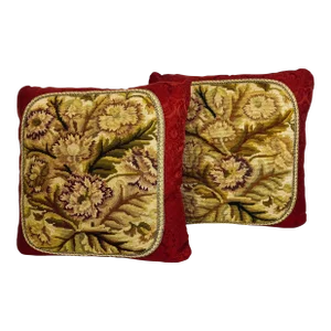 Pair of Antique Hand Stitched Exotic Floral Needlepoint Cushions/Pillows-Red Damask Backing