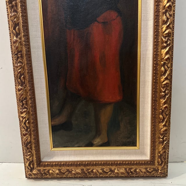 Woman in Red Skirt Vintage Oil Painting For Sale - Image 4 of 8
