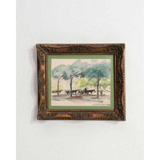 1940s Watercolor on Panel Parisian Landscape For Sale - Image 5 of 8