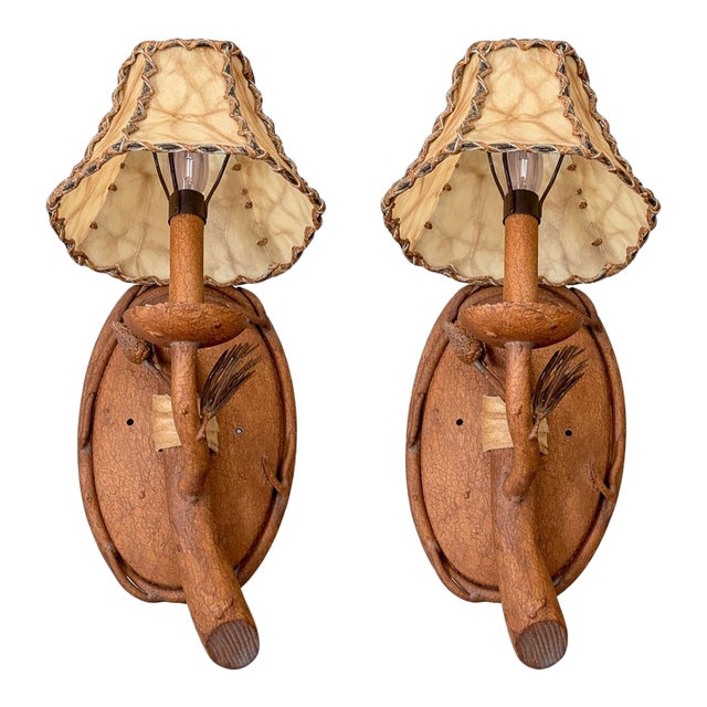 1990s Kalco Ponderosa Western Rustic Wall Sconces, Leather Stitched Shades – a Pair For Sale