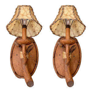 1990s Kalco Ponderosa Western Rustic Wall Sconces, Leather Stitched Shades – a Pair