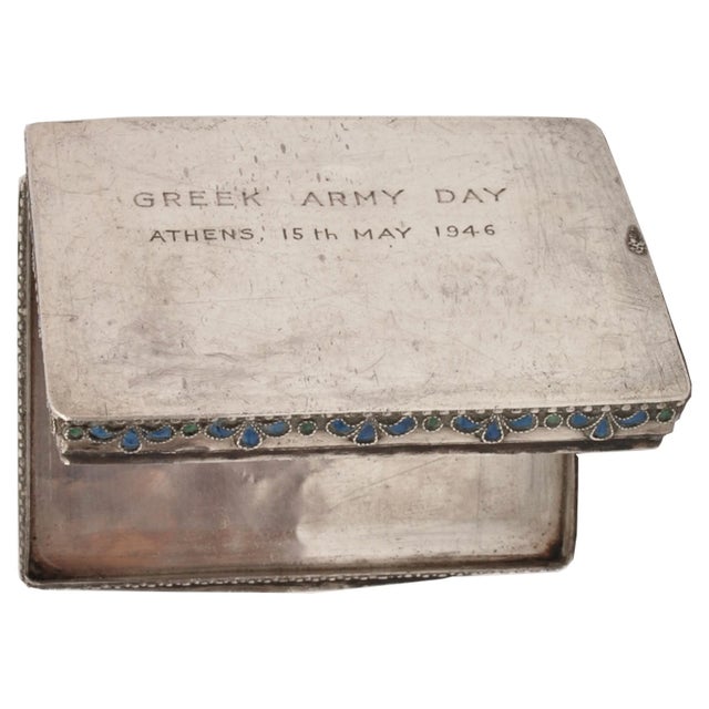 Antique Greek Civil War Pure Silver Cloisonne Case Engraved Athens Army Day 1946 For Sale - Image 9 of 11