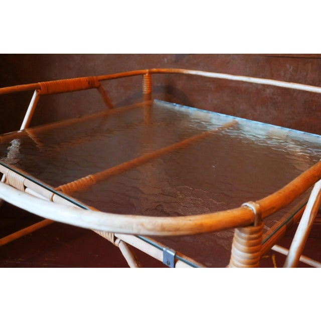 Fine Serving Trolley in Bamboo and Frosted Glass, 1950s For Sale - Image 6 of 8