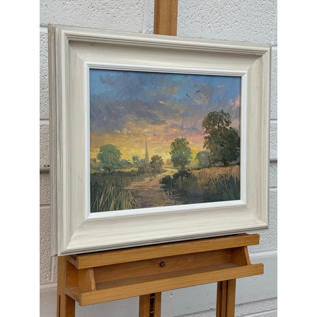 Sunrise at Village by River in the English Countryside with Church Spire & Birds 1985 Circa For Sale - Image 6 of 13