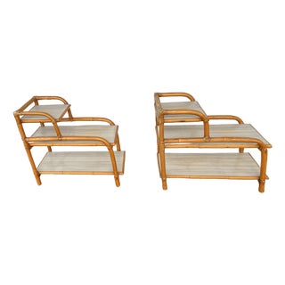 Vintage Mid-Century Modern 3-Tier Bamboo & Rattan Side Tables - A Pair For Sale