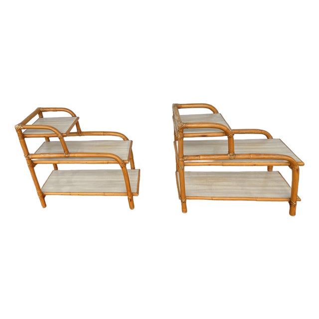 Vintage Mid-Century Modern 3-Tier Bamboo & Rattan Side Tables - A Pair For Sale