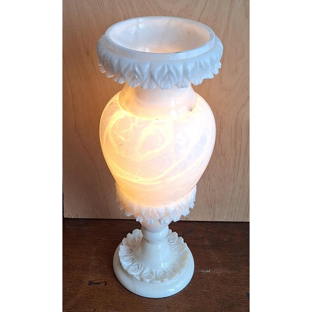 Large Vintage Mood Table Lamp in White Carved Alabaster, 1970s For Sale - Image 4 of 7