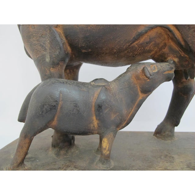 Farmhouse Kamadhenu Wooden Cow & Calf Rustic Hand Carved India Hindu Folk Art Sculpture For Sale - Image 3 of 11