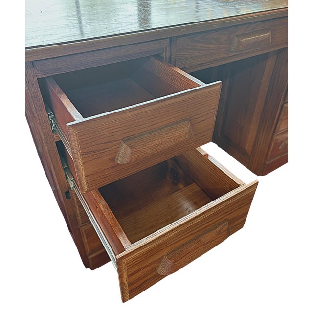 Vintage Oak Double-Pedestal Executive Desk With Writing Slides and File Drawers For Sale In Greensboro - Image 6 of 11