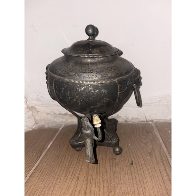 Antique bronze samovar Brass with lion heads and original stopper Fountain forward slightly bent, height 30 cm, width 23 cm