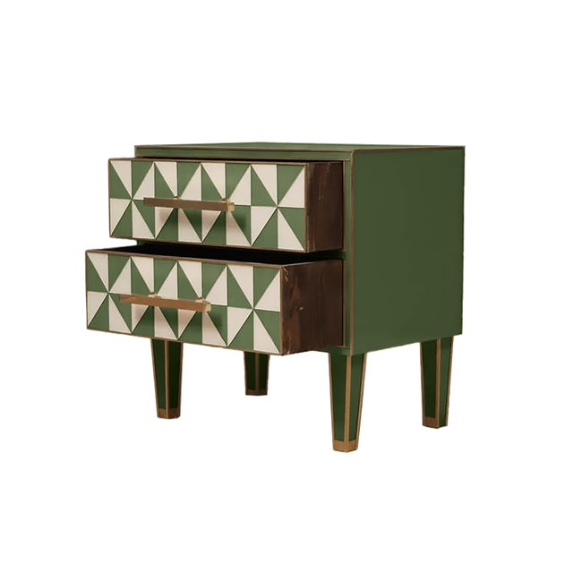 This pair of solid wood nightstands with green and white “optical” Murano glass is a stunning example of mid-century...